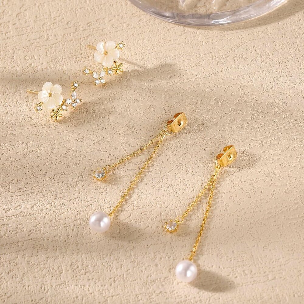 Pearl Drop Earrings Women Dangle Chain CZ Gold Statement Jewelry - Picture 4 of 6